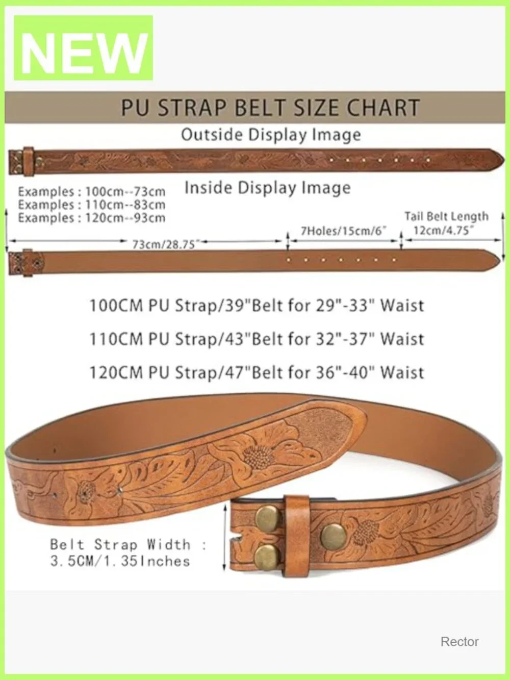 Vintage Western Belt Strap without Buckle Cowboy PU Leather 1-1/2